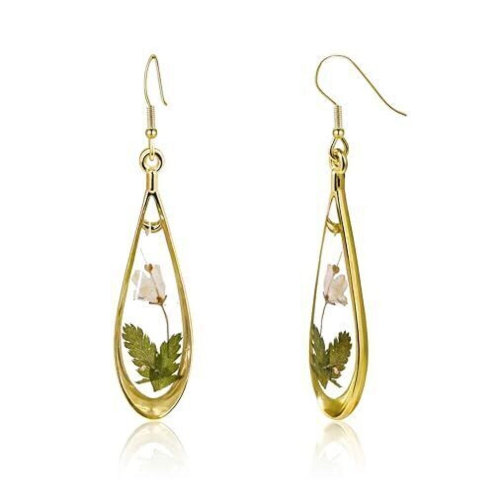 7533 18K Gold Plated Foil & Flower Dangle Drop Earrings , Hypoallergenic